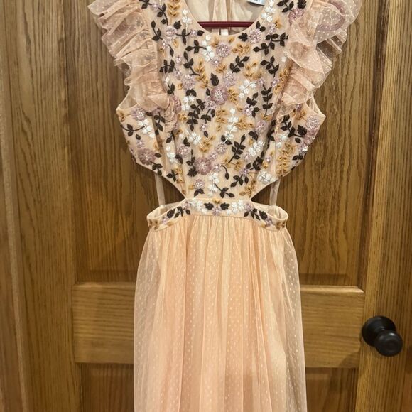 Mac Duggal Floral Embroidered Tulle Gown Sz 6 Peach Pink Tiered Maxi Dress - Picture 4 of 13